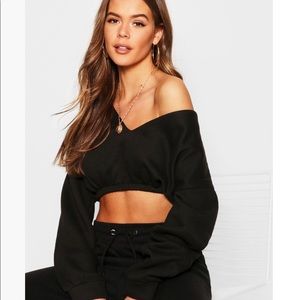 V Neck Cropped Sweater - Black
